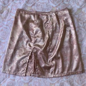 Pink Floral Satin High Waist Mini Skirt with Slit